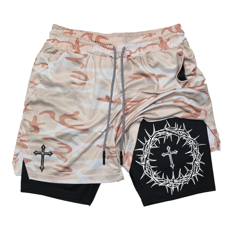 "Cross & Crown of Thorns" Print, 2 in 1 Workout Running Shorts for Men