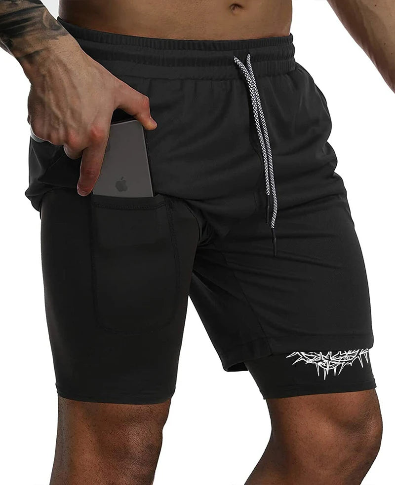 "Cross & Crown of Thorns" Print, 2 in 1 Workout Running Shorts for Men