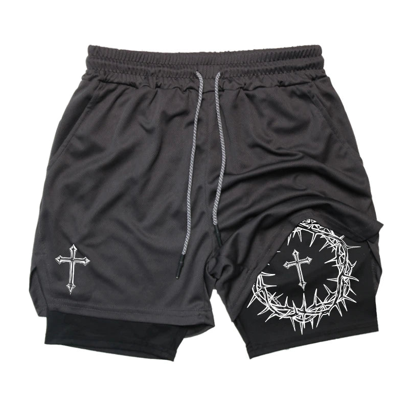 "Cross & Crown of Thorns" Print, 2 in 1 Workout Running Shorts for Men