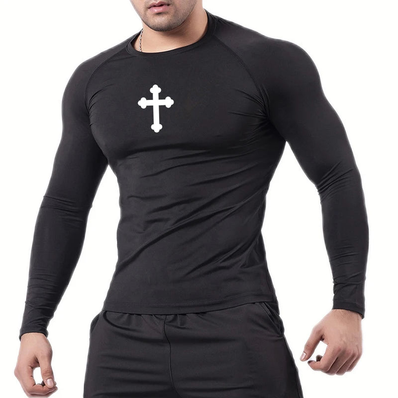 Good looking, "Cross" Print Compression Shirt for Men, [short and long sleeves]