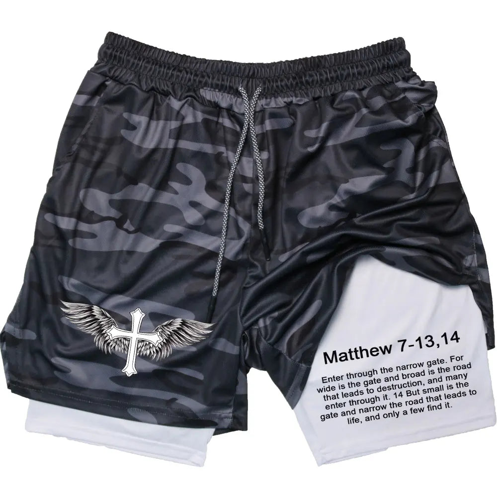 Men’s Performance Shorts, Adorned with Angel Cross and Bible Verse!