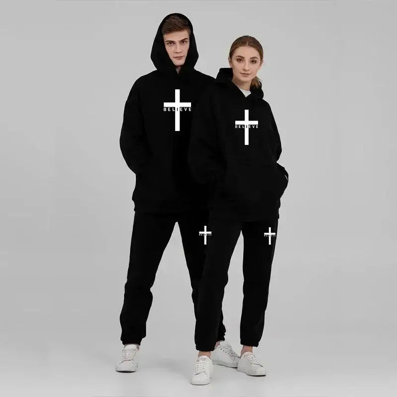 Unisex Fashion Printed Believe + cross Hooded Tracksuits (2 pcs)