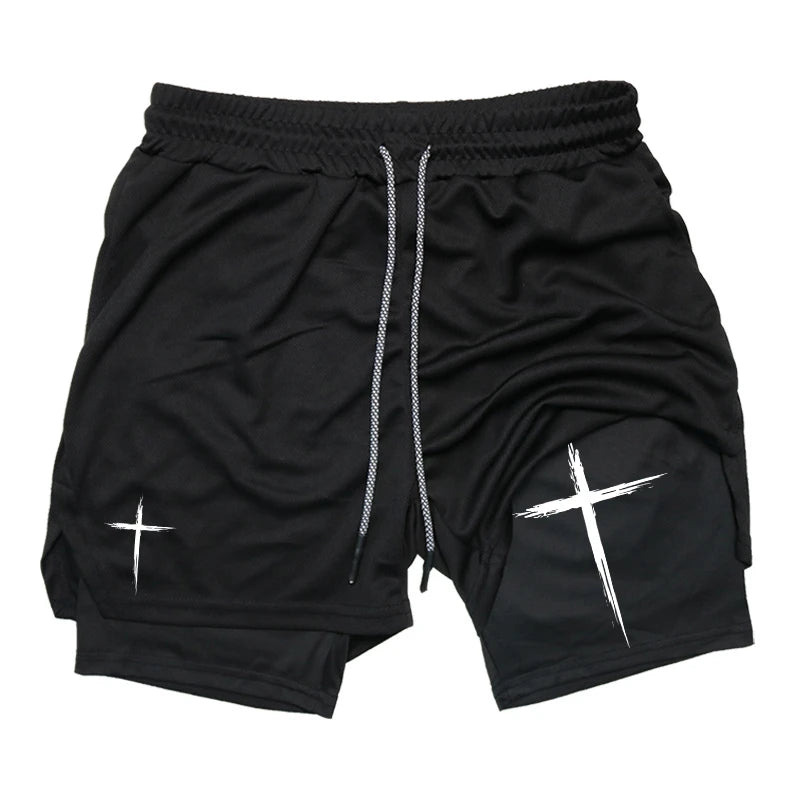 "Cross" Print, 2 in 1 Performance Shorts for Men