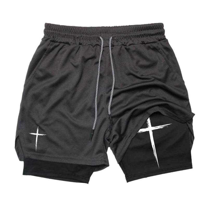 "Cross" Print, 2 in 1 Performance Shorts for Men