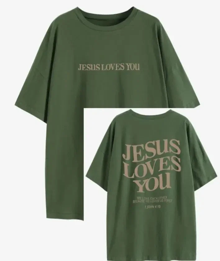 Jesus Loves You Christian Oversized T-Shirt we love each other Loose Tee Women Trendy Casual cotton Aesthetic Top