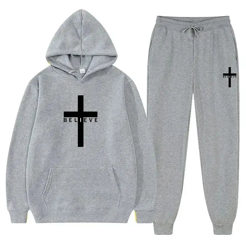 Unisex Fashion Printed Believe + cross Hooded Tracksuits (2 pcs)