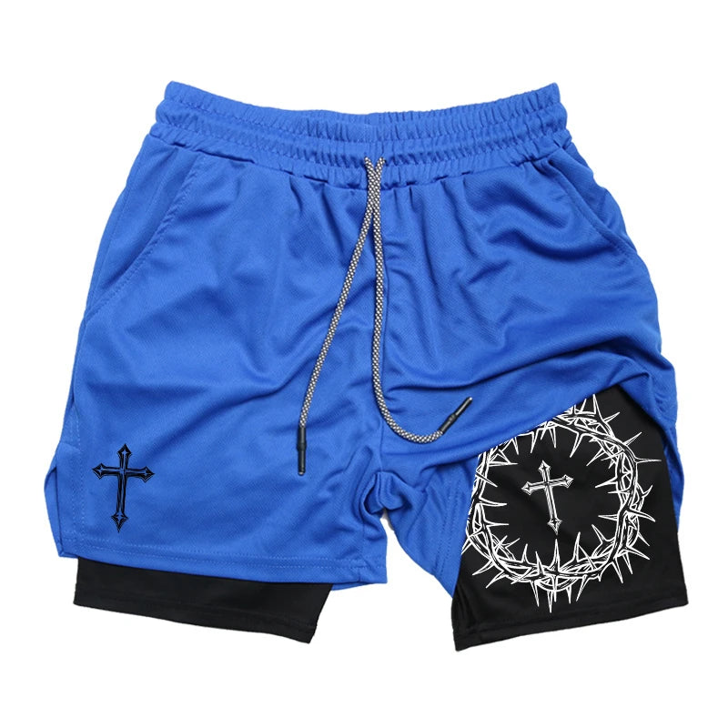 "Cross & Crown of Thorns" Print, 2 in 1 Workout Running Shorts for Men