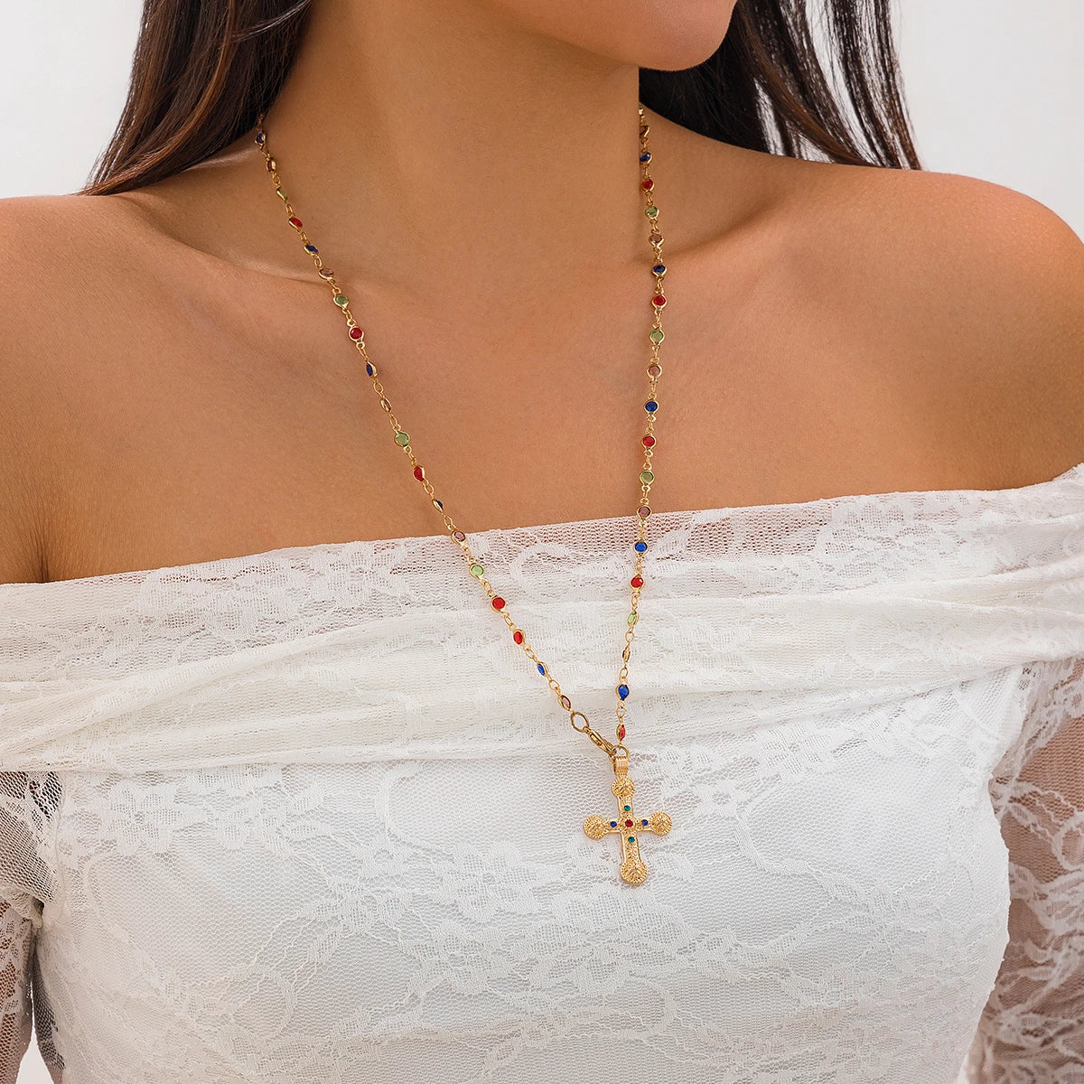 An Elegant, Cross Necklace for Women, with colorful chain