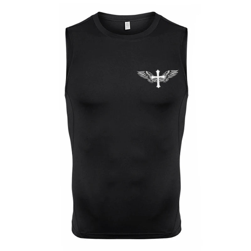 A Selection of Cross Print Sleeveless Compression Shirt for Men Christian Athletic Quick Dry Tank Tops Tees Gym Workout Running Vest Baselayers