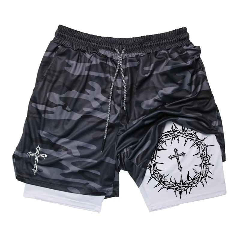 "Cross & Crown of Thorns" Print, 2 in 1 Workout Running Shorts for Men