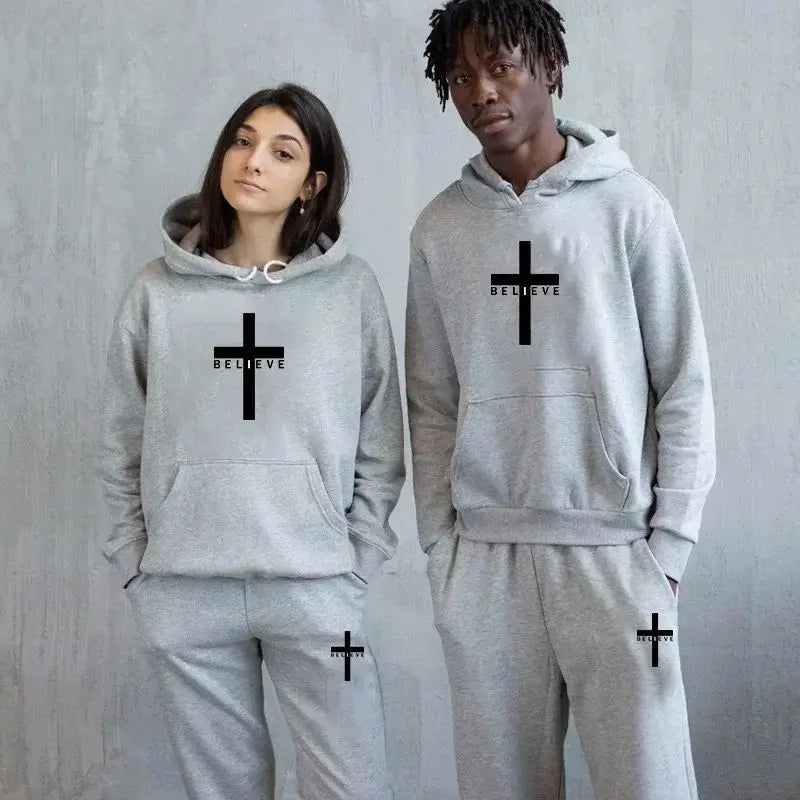 Unisex Fashion Printed Believe + cross Hooded Tracksuits (2 pcs)