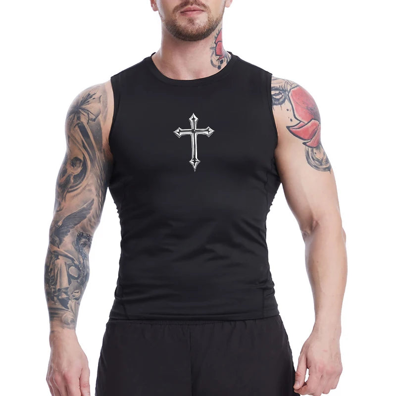 A Selection of Cross Print Sleeveless Compression Shirt for Men Christian Athletic Quick Dry Tank Tops Tees Gym Workout Running Vest Baselayers