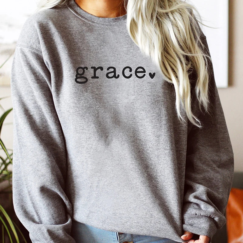 Grace Love Heart Religious Sweatshirt Women Long Sleeve Streetwear Outfits Christian Jesus Bible Hoodies Ladies Top Dropshipping