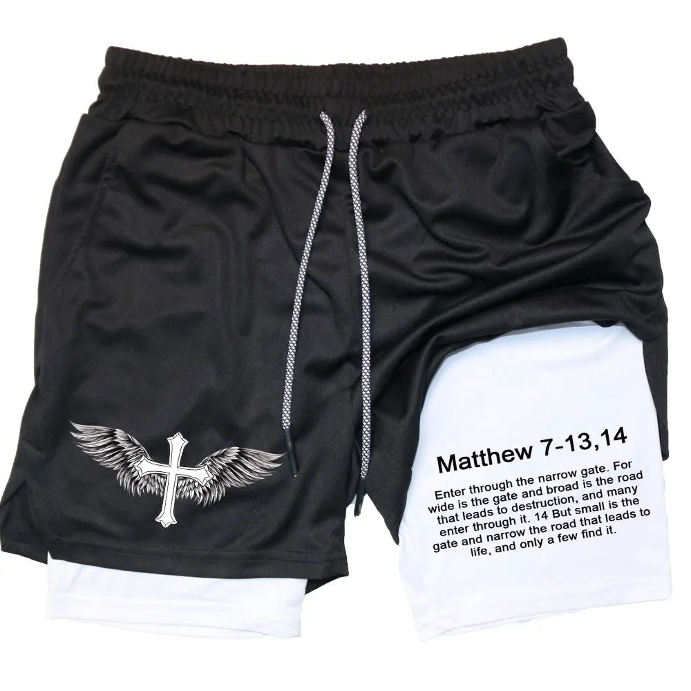 Men’s Performance Shorts, Adorned with Angel Cross and Bible Verse!