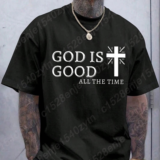 Men Casual Summer Cross & God Is Good All The Time Letter Graphic Printed Short Sleeve T-Shirt, Christian Quote Tees Tops