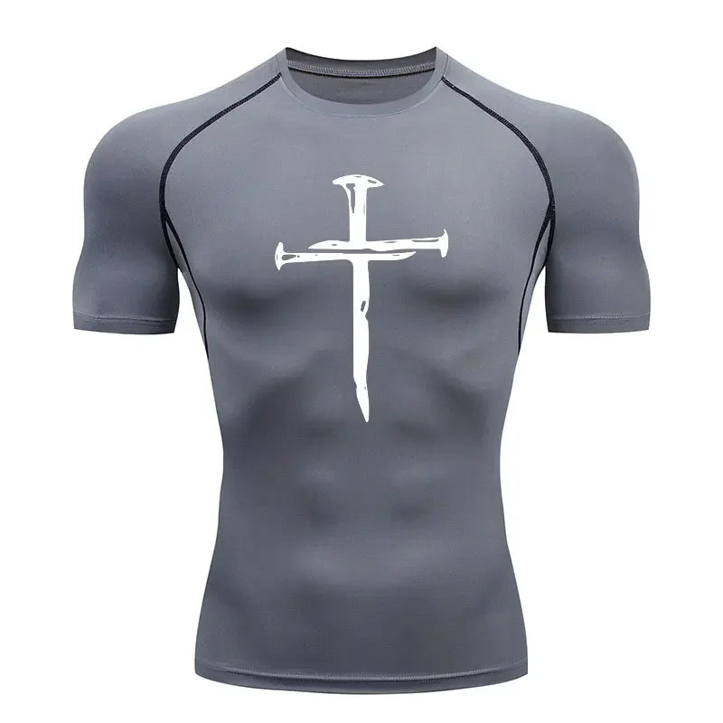 2024 Men's Quick Dry Cross Print Sportswear, Running Compression Shirt, Athletic Muscle Shirt, Gym Undershirt, Sport Tops S-3XL