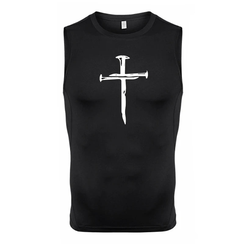 A Selection of Cross Print Sleeveless Compression Shirt for Men Christian Athletic Quick Dry Tank Tops Tees Gym Workout Running Vest Baselayers