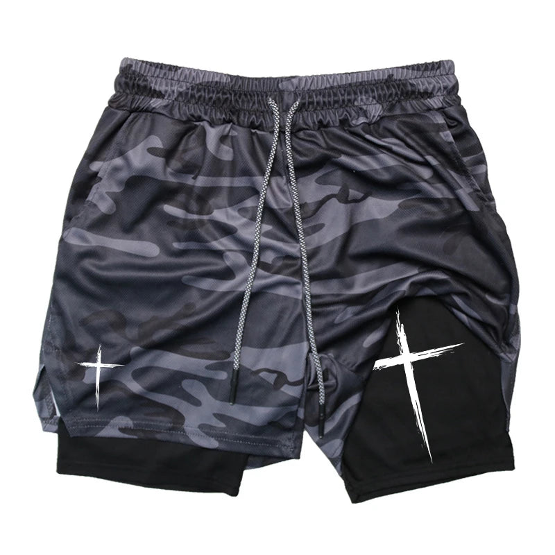 "Cross" Print, 2 in 1 Performance Shorts for Men