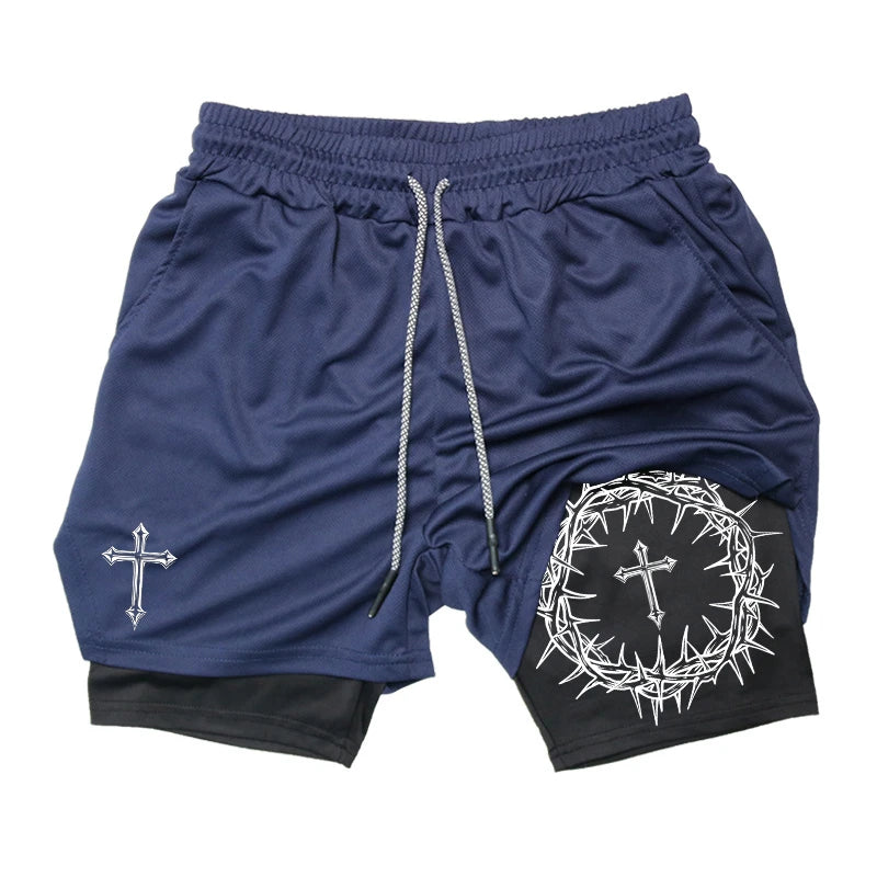 "Cross & Crown of Thorns" Print, 2 in 1 Workout Running Shorts for Men