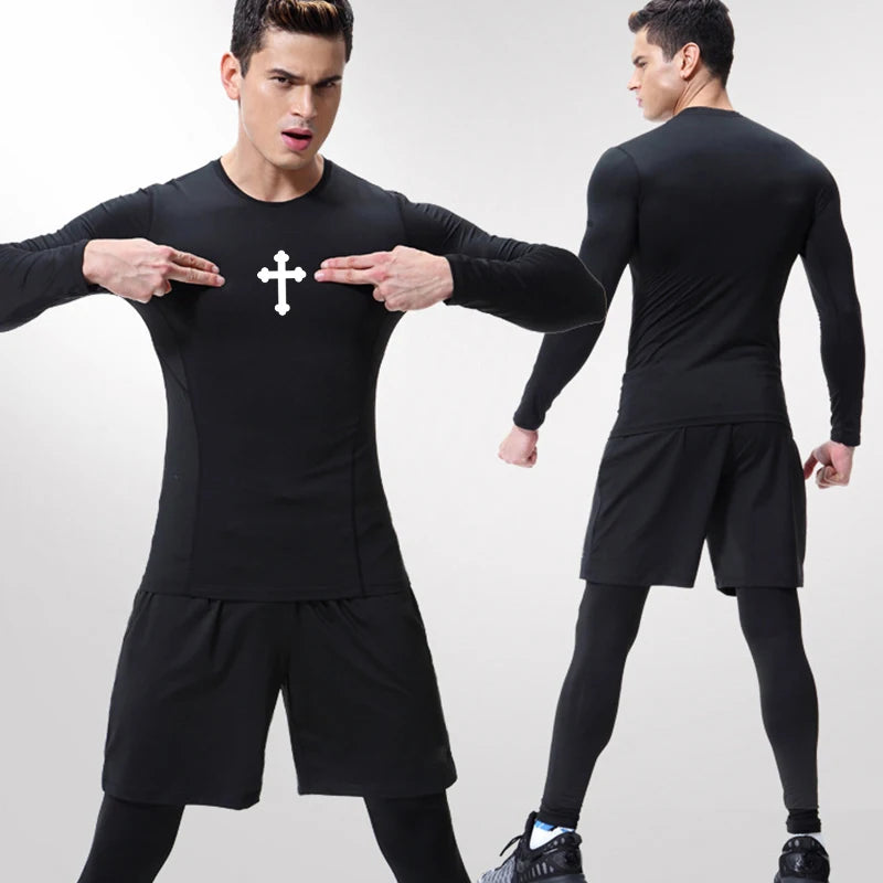 Good looking, "Cross" Print Compression Shirt for Men, [short and long sleeves]