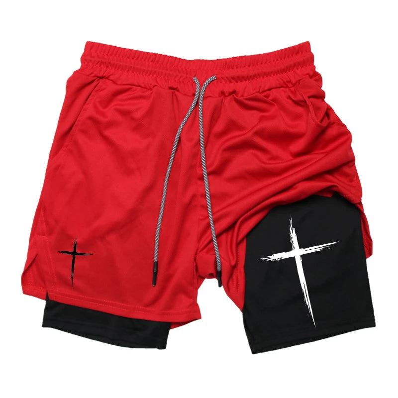 "Cross" Print, 2 in 1 Performance Shorts for Men