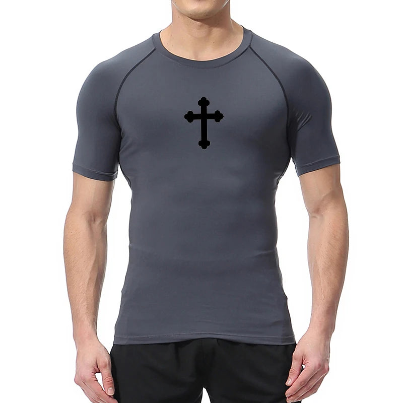 Good looking, "Cross" Print Compression Shirt for Men, [short and long sleeves]