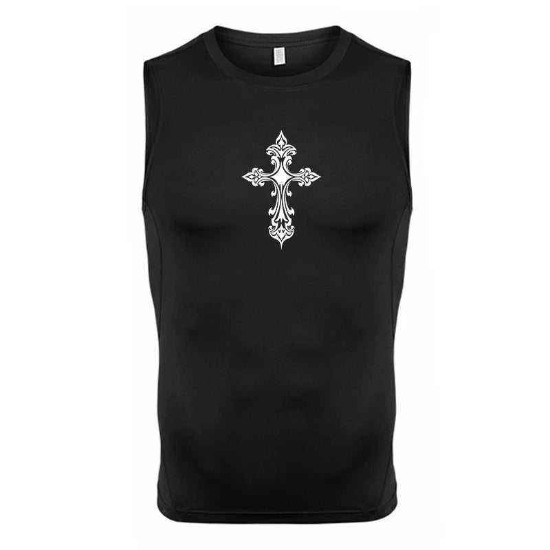 A Selection of Cross Print Sleeveless Compression Shirt for Men Christian Athletic Quick Dry Tank Tops Tees Gym Workout Running Vest Baselayers