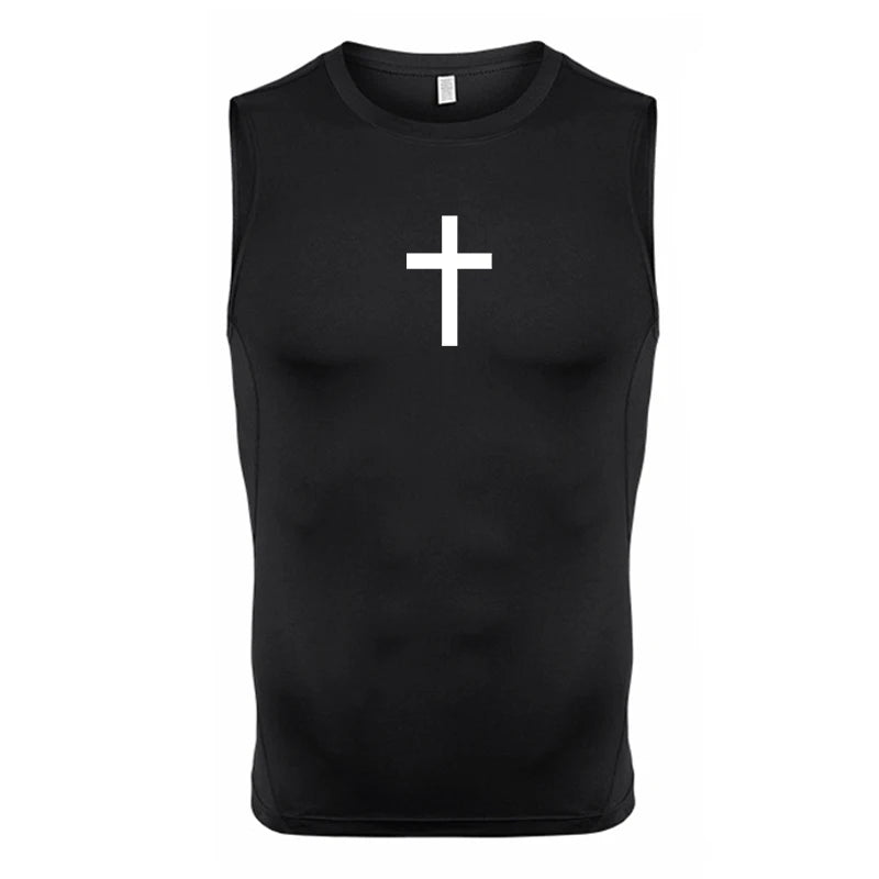 A Selection of Cross Print Sleeveless Compression Shirt for Men Christian Athletic Quick Dry Tank Tops Tees Gym Workout Running Vest Baselayers