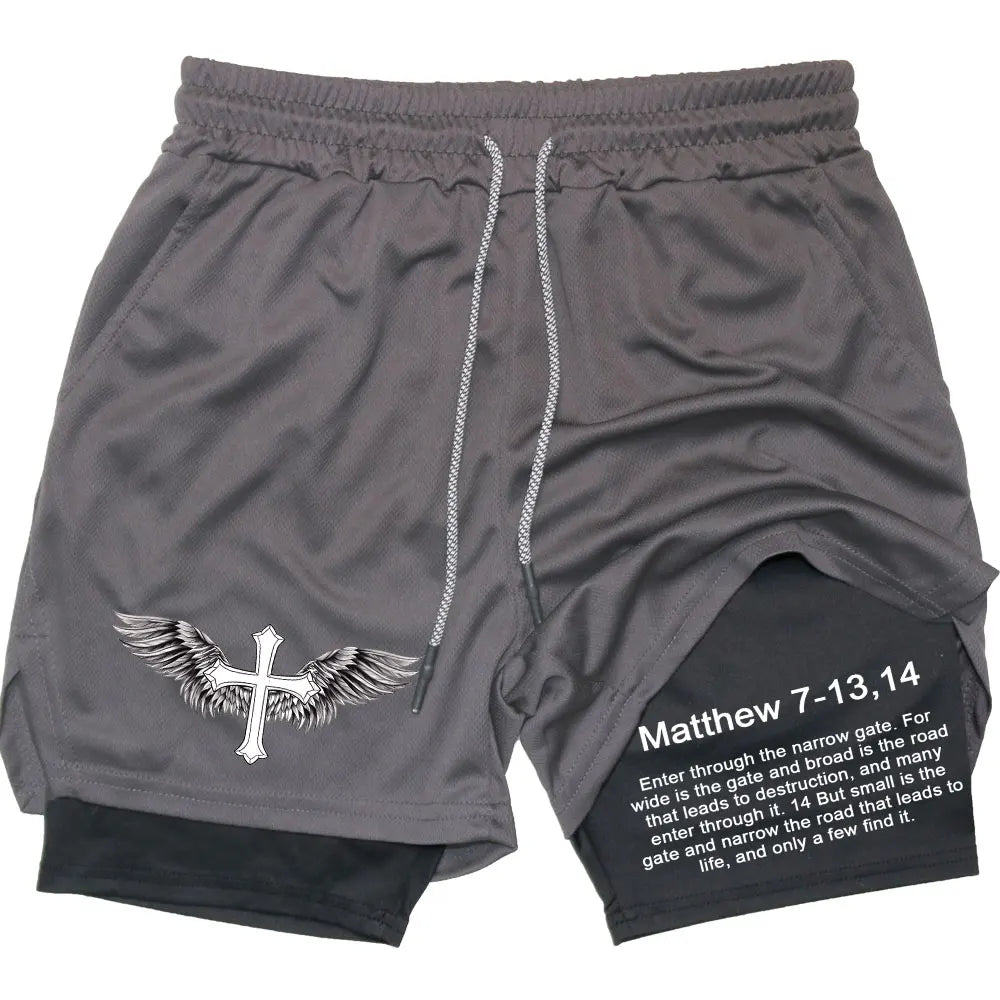 Men’s Performance Shorts, Adorned with Angel Cross and Bible Verse!