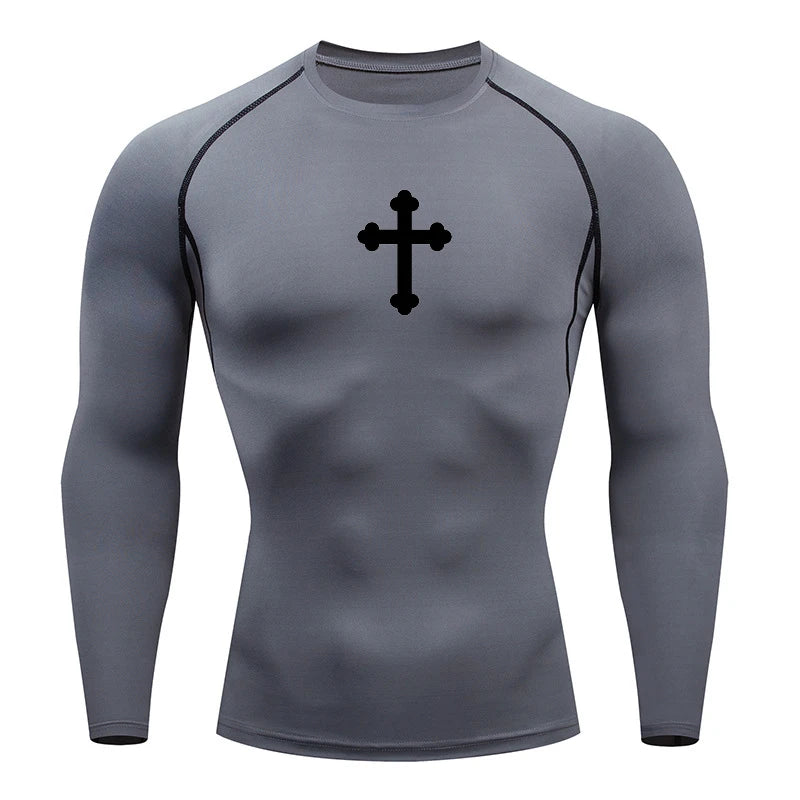 Good looking, "Cross" Print Compression Shirt for Men, [short and long sleeves]