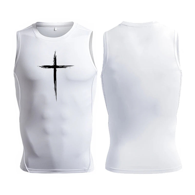 A Selection of Cross Print Sleeveless Compression Shirt for Men Christian Athletic Quick Dry Tank Tops Tees Gym Workout Running Vest Baselayers