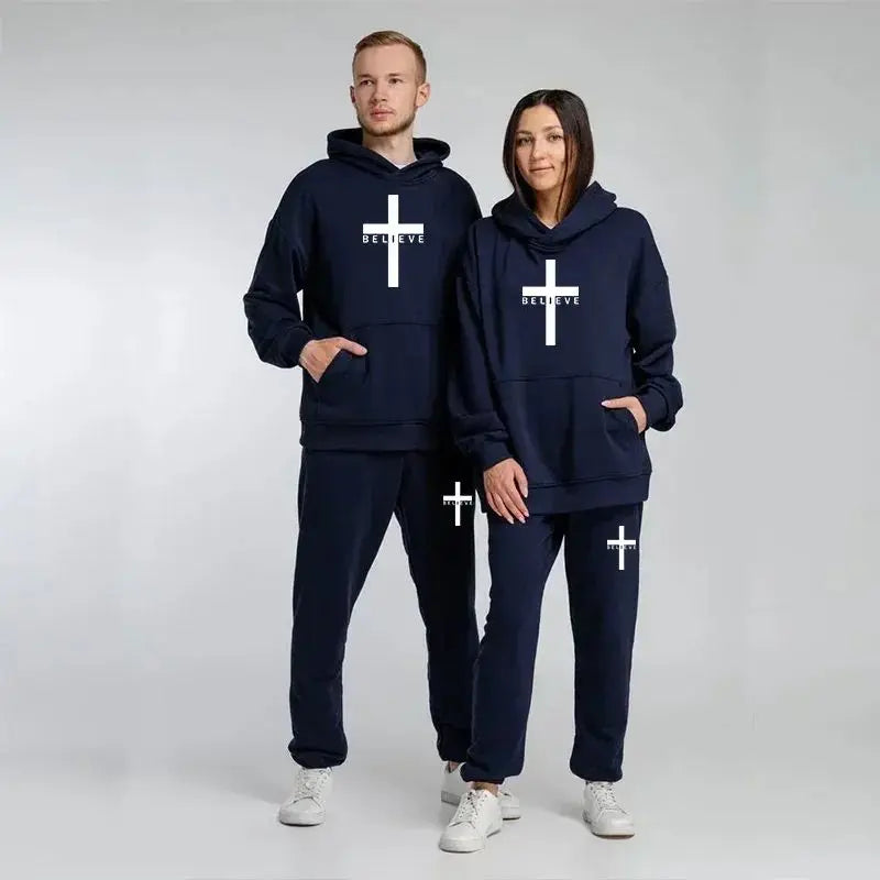 Unisex Fashion Printed Believe + cross Hooded Tracksuits (2 pcs)