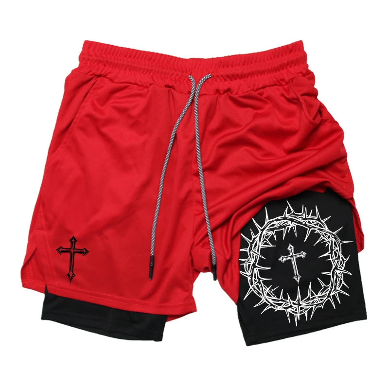 "Cross & Crown of Thorns" Print, 2 in 1 Workout Running Shorts for Men