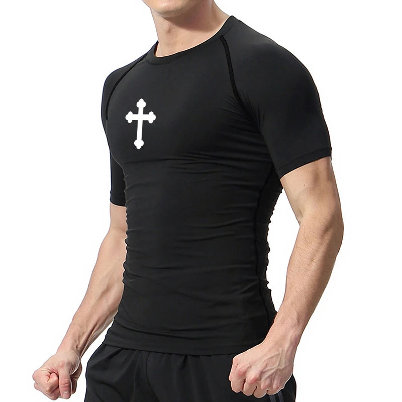 Good looking, "Cross" Print Compression Shirt for Men, [short and long sleeves]