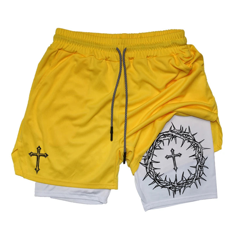 "Cross & Crown of Thorns" Print, 2 in 1 Workout Running Shorts for Men