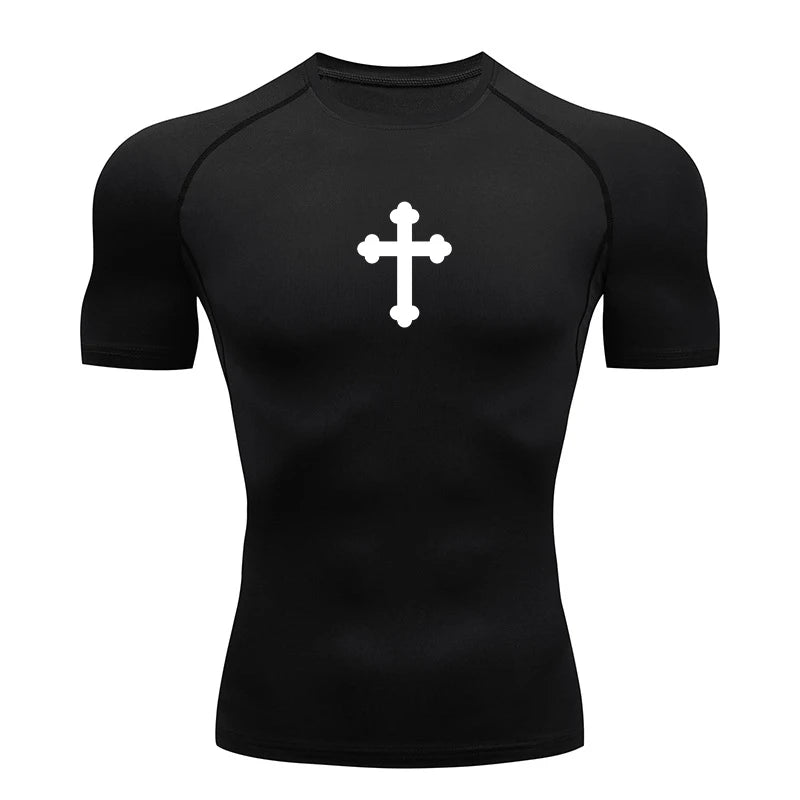 Good looking, "Cross" Print Compression Shirt for Men, [short and long sleeves]