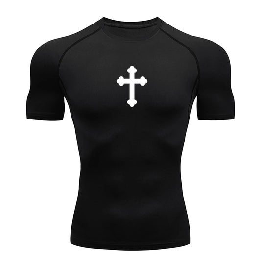 Cross Print Compression Shirt for Men Christian Athletic Tshirt Tees Tops Gym Workout Running Baselayers Undershirts Activewear