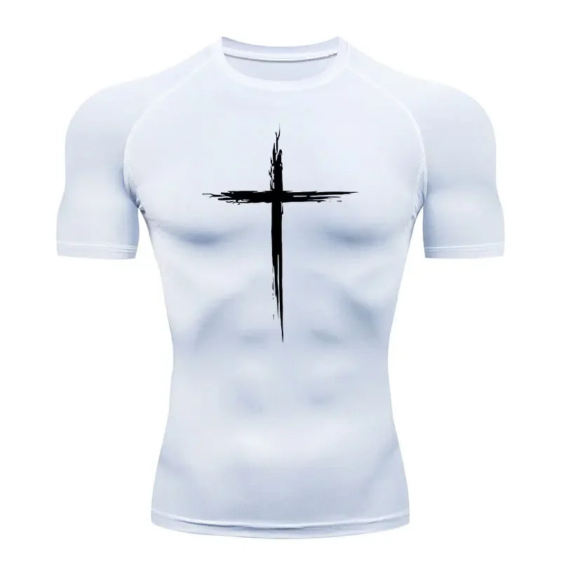 2024 Men's Quick Dry Cross Print Sportswear, Running Compression Shirt, Athletic Muscle Shirt, Gym Undershirt, Sport Tops S-3XL