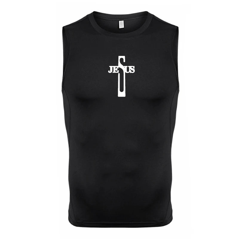 A Selection of Cross Print Sleeveless Compression Shirt for Men Christian Athletic Quick Dry Tank Tops Tees Gym Workout Running Vest Baselayers