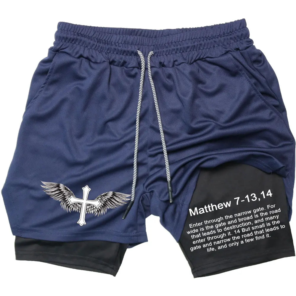 Men’s Performance Shorts, Adorned with Angel Cross and Bible Verse!