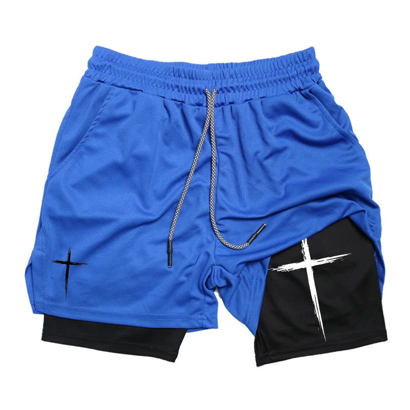 "Cross" Print, 2 in 1 Performance Shorts for Men