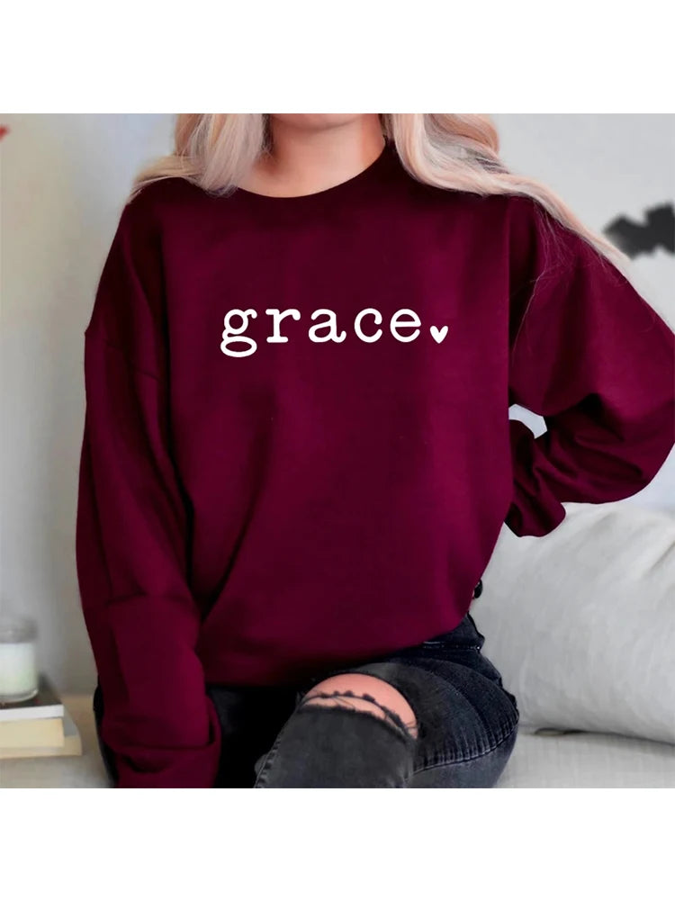 Grace Love Heart Religious Sweatshirt Women Long Sleeve Streetwear Outfits Christian Jesus Bible Hoodies Ladies Top Dropshipping