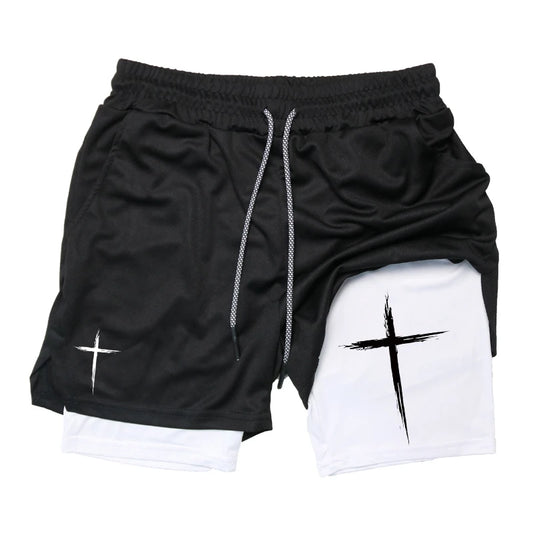 "Cross" Print, 2 in 1 Performance Shorts for Men