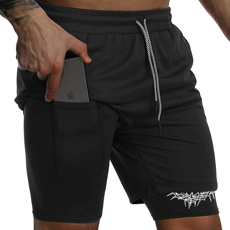 "Cross & Crown of Thorns" Print, 2 in 1 Workout Running Shorts for Men