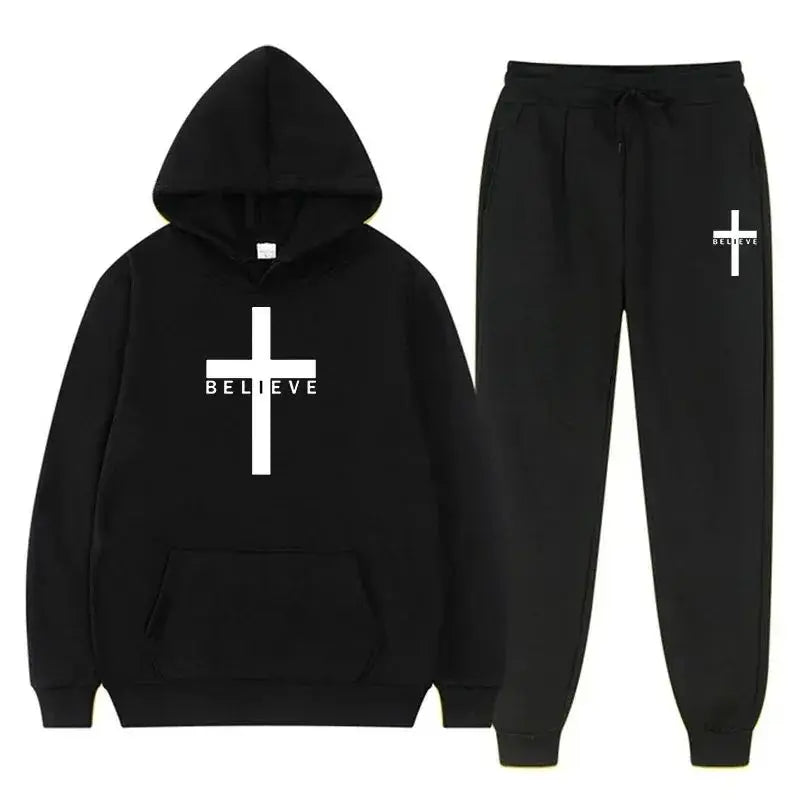 Unisex Fashion Printed Believe + cross Hooded Tracksuits (2 pcs)