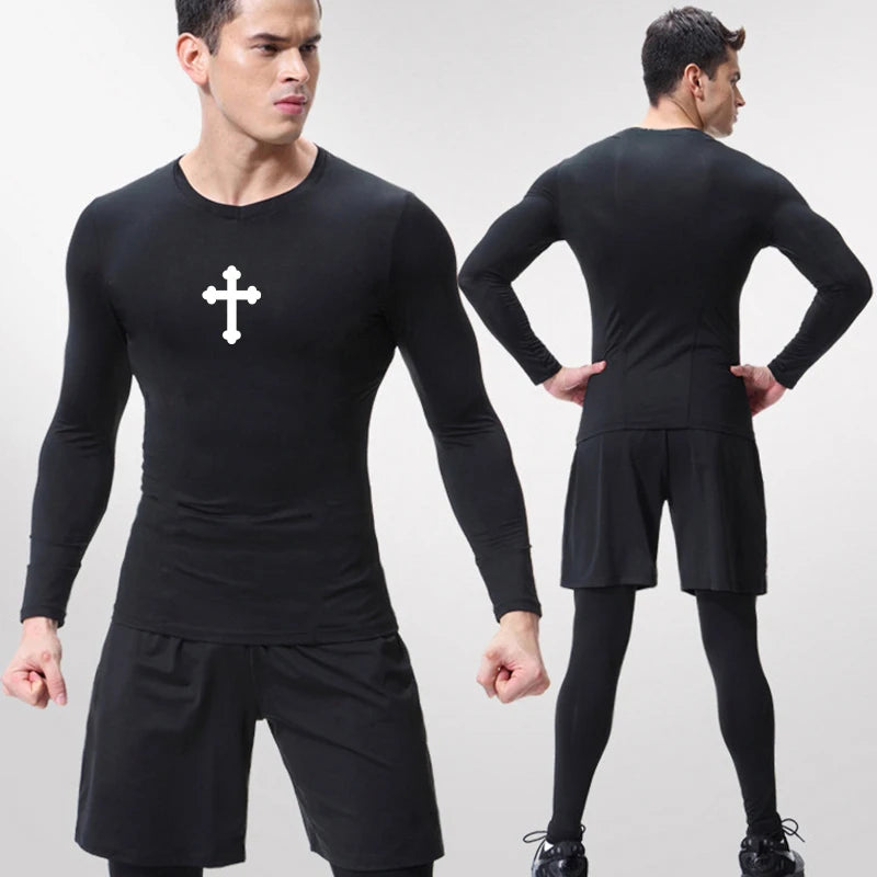 Good looking, "Cross" Print Compression Shirt for Men, [short and long sleeves]