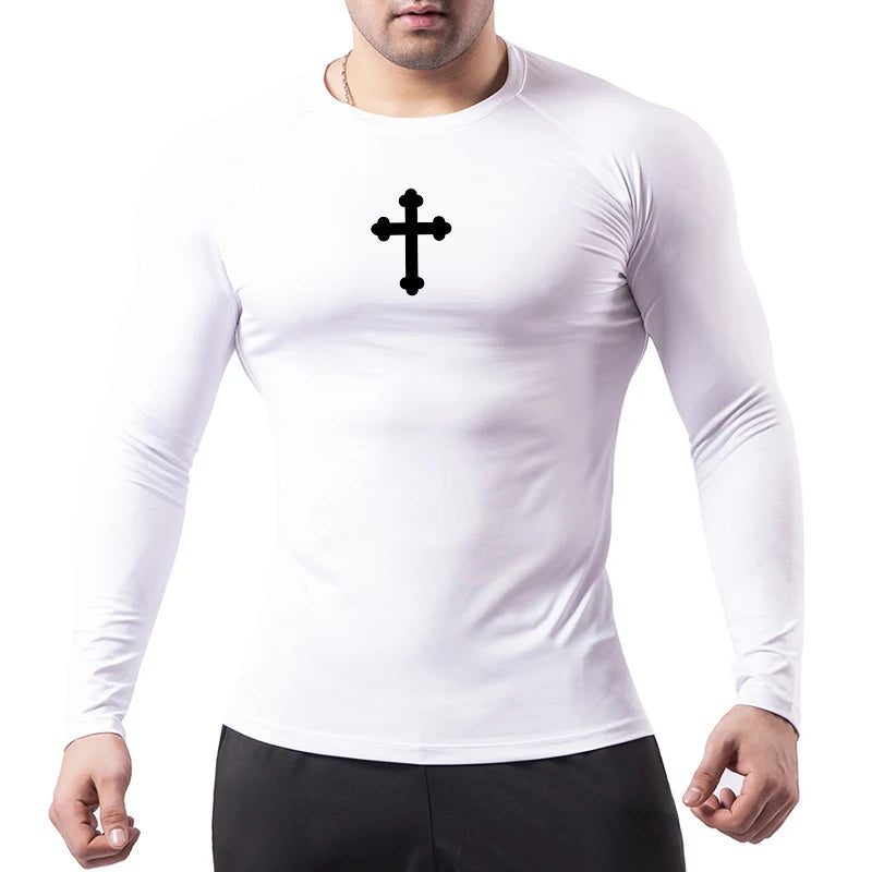 Good looking, "Cross" Print Compression Shirt for Men, [short and long sleeves]