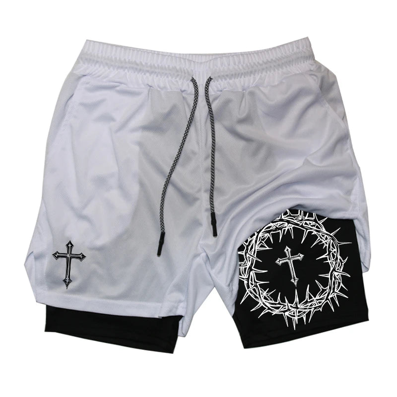 "Cross & Crown of Thorns" Print, 2 in 1 Workout Running Shorts for Men