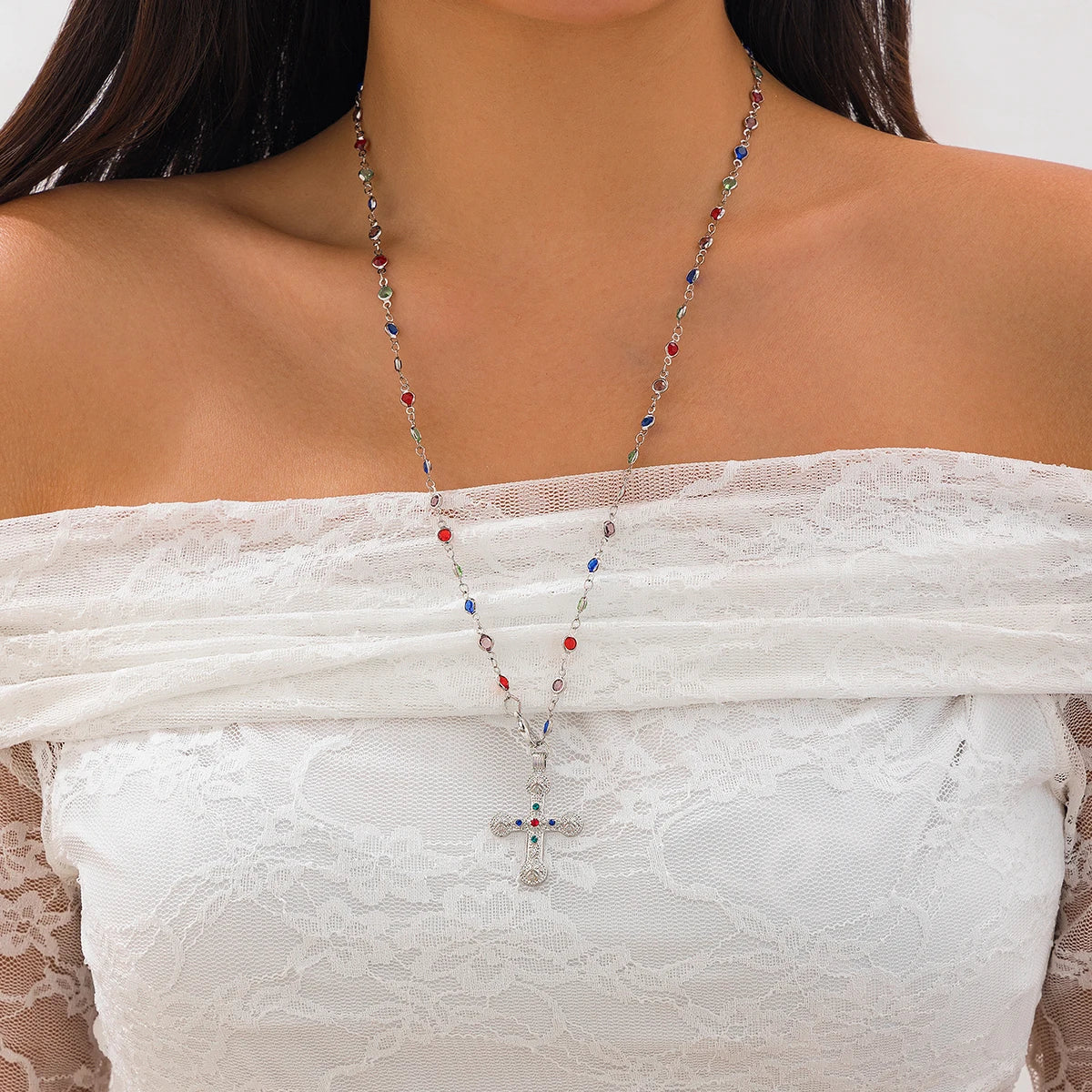 An Elegant, Cross Necklace for Women, with colorful chain