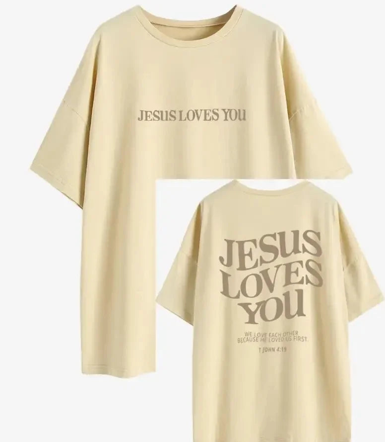 Jesus Loves You Christian Oversized T-Shirt we love each other Loose Tee Women Trendy Casual cotton Aesthetic Top